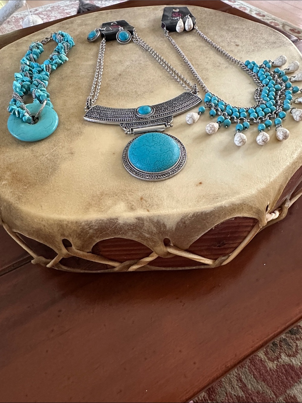 Turquoise(3) Statement Necklace with Matching Earrings - Blue Silver Accent - Picture 2 of 5